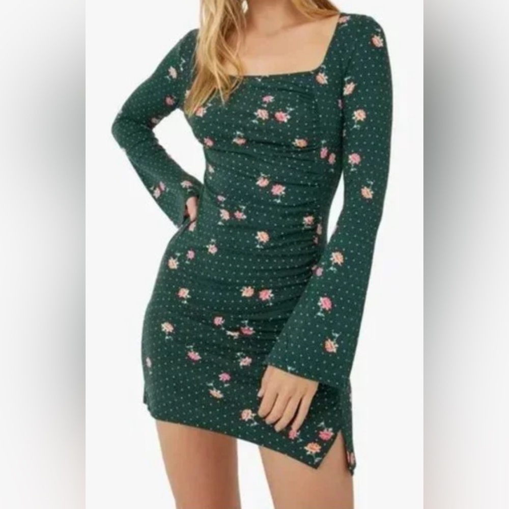 Free People Celia Mini Long Sleeve Dress Floral Green Pink Size Small NWT